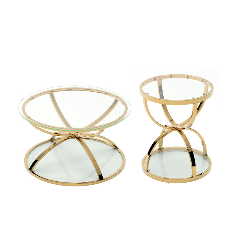 Ensemble de tables basses dorées modernes en verre avec 2 niveaux et un cadre en fer en forme d'anneau