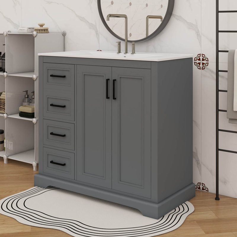 Meuble-lavabo contemporain de 36 pouces avec lavabo en céramique, porte à fermeture silencieuse, tablette réglable et 3 tiroirs