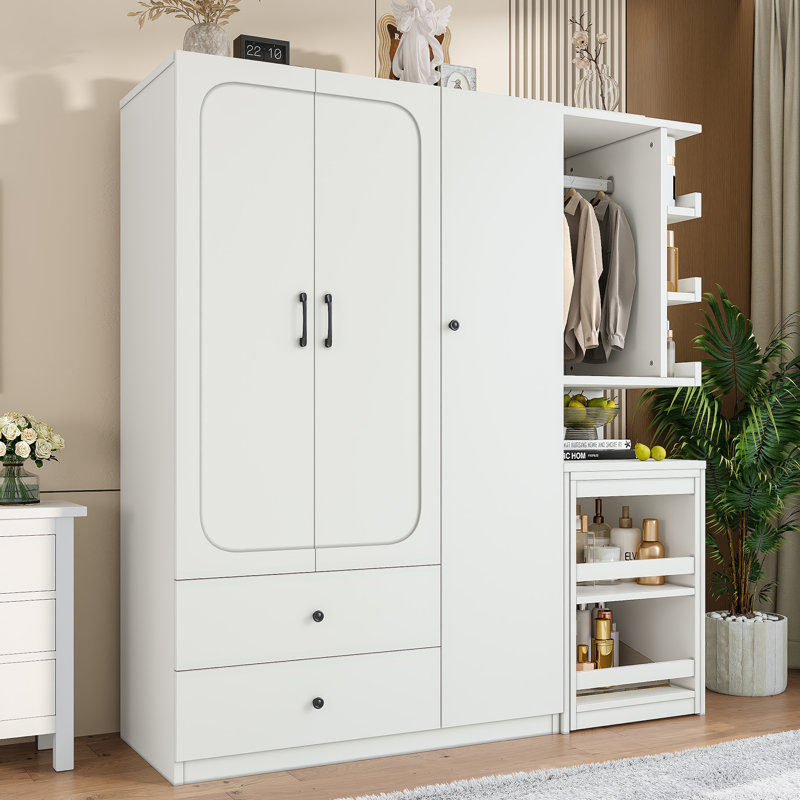 Armoire 2 portes Callen avec bureau convertible et tiroirs de rangement, fabrication en bois durable, conception peu encombrante