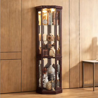 69.84 Inch Tall Corner Curio Cabinet, MDF and Glass Lighted Display Case for Living Room Collectible and Bar Storage