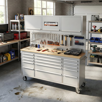 72" Rolling Tool Chest with 15 Drawers & Power Strip, Rubber Wood Workbench Top, Lockable Mobile Steel Storage Cabinet, Anti-Fingerprint Organizer for Garage Workshop
