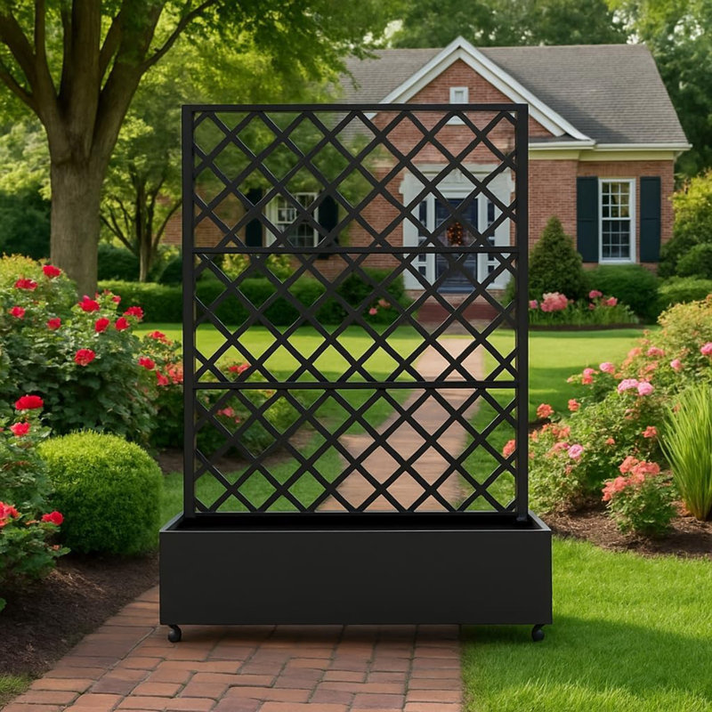 Galvanized Raised Garden Bed with Diamond Lattice Trellis Planter Box and Wheels for Climbing Plants and Vines (72 in x35 in Black)