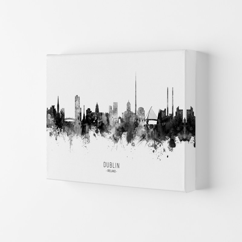 Dublin Ireland Skyline Black White City Name by Michael Tompsett - Print, 21cm H x 29.7cm W x 4cm D, Wrapped Canvas
