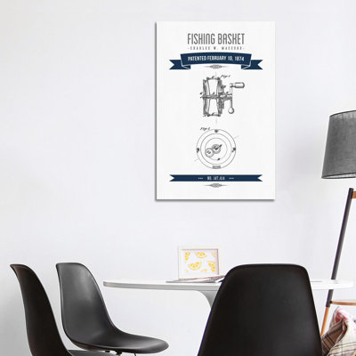 Charles W. MacCord Fishing Reel Patent Sketch Retro (Navy Blue) by Aged Pixel - Wrapped Canvas Gallery-Wrapped Canvas Giclée