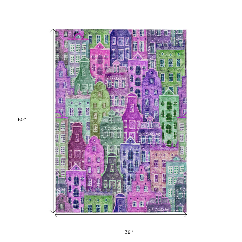 3' X 5' Green Village Houses Washable Indoor Outdoor Area Rug
