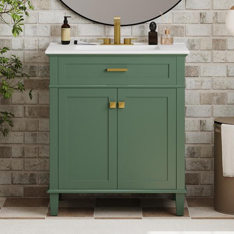 Meuble-lavabo de 30 pouces avec lavabo en céramique, porte à fermeture en douceur et tablettes réglables, Vert