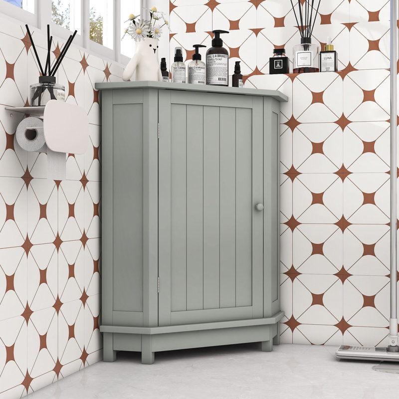 Armoire de rangement de coin de salle de bain en bois avec tablettes réglables, Gris