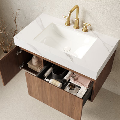 Meuble-lavabo 36 po, meuble de rangement flottant en contreplaqué avec tiroir et porte, comptoir en pierre frittée blanc de Carrare et lavabo en céramique avec 3 trous de robinet pré-percés