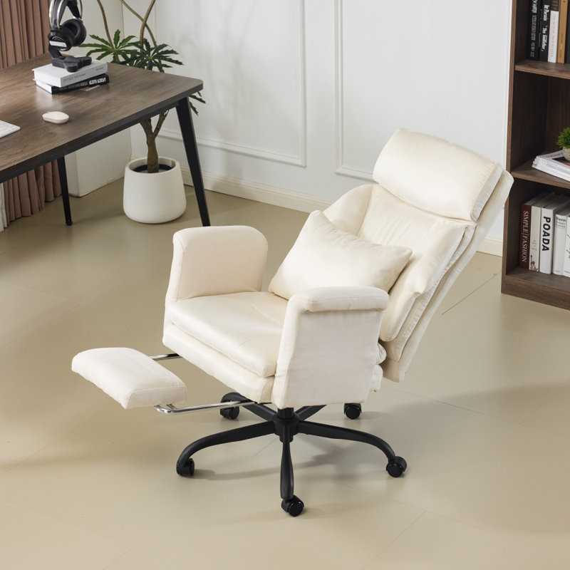 High Back Reclining Office Chair with Pull-Out Footrest and Flip-Up Arms - Suede Fabric Ergonomic Swivel Chair, White