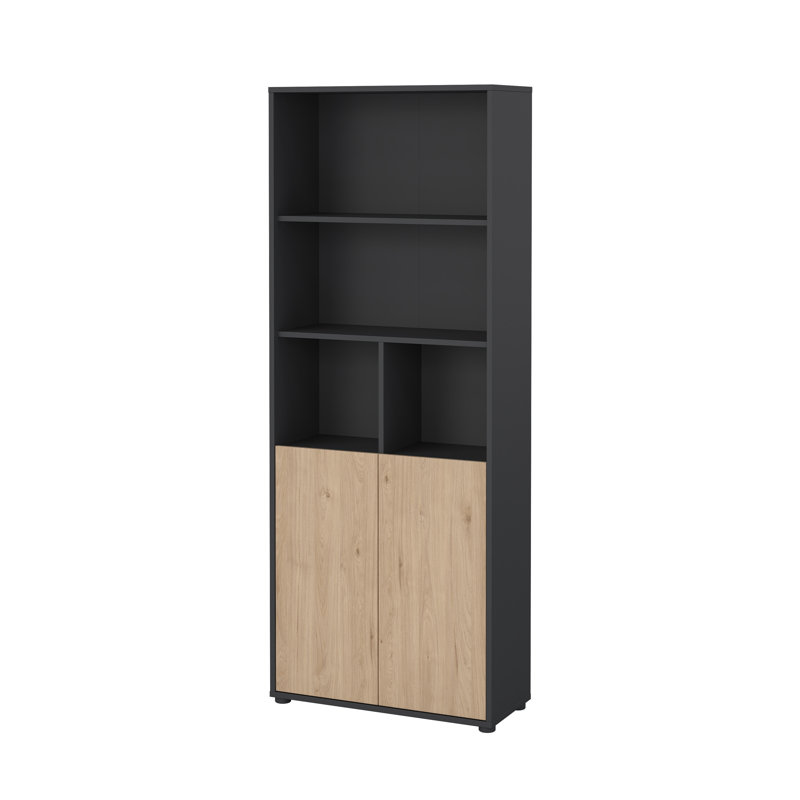  Embrie 31.34"W x 80.59" W 6 Shelf Bookcase With 2 Doors, Home Office Storage, Natural/Matte Gray