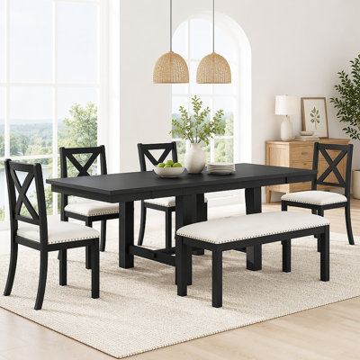 Table de salle à manger à rallonge 6 pièces Farmhouse 82 pouces avec repose-pieds, 4 chaises rembourrées et banc, 2 rallonges amovibles 11 po Farmhouse