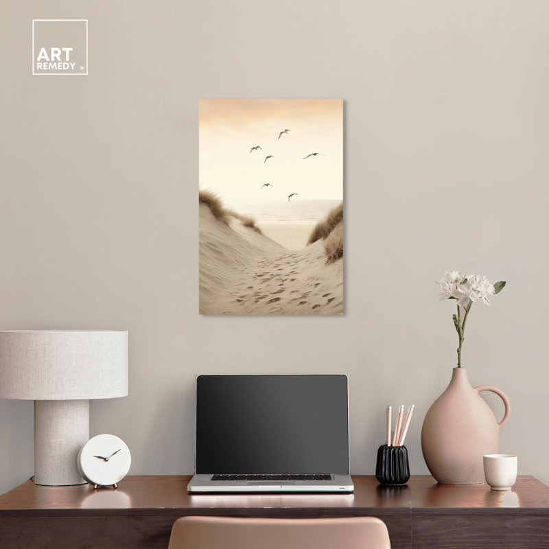 Beach Dunes and Seagulls Beige Canvas Wall Art, 24" x 16"
