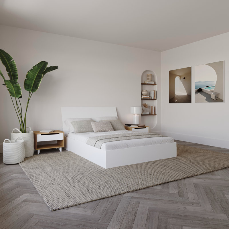 Ensemble de chambre à coucher avec rangement réversible 3 pièces Numan, Beige / Blanc, Complet/Double