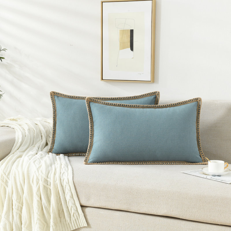Housse de coussin en lin et polyester Farmhouse, H 14 po x l 24 po, Vert sarcelle, Forme rectangulaire