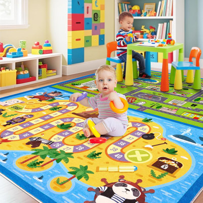Tapis de jeu 240 x 300 cm pour enfants, lavable et antidérapant, motif carte routière pour petites voitures, couleurs vives