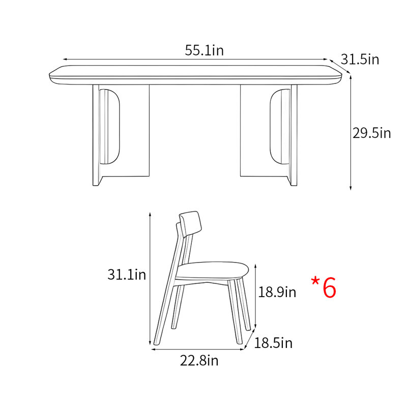 Casual simple rectangular dining table set, 29.5"H x 55.1"L x 31.5"W
