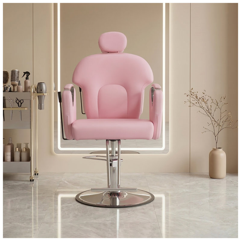 Fauteuil de coiffure hydraulique rose avec rotation à 360 degrés et réglage de la hauteur pour coiffeurs