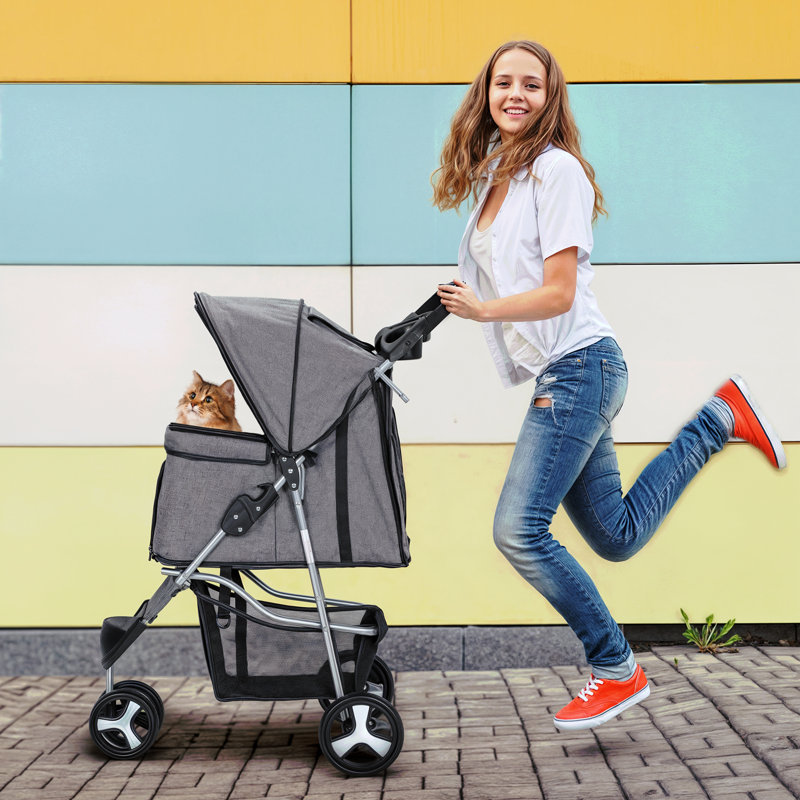 Foldable Pet Stroller, 3 Wheels Folding Carrier Jogger Stroller for Dogs Cats with Canopy and Basket, Gray/Solid