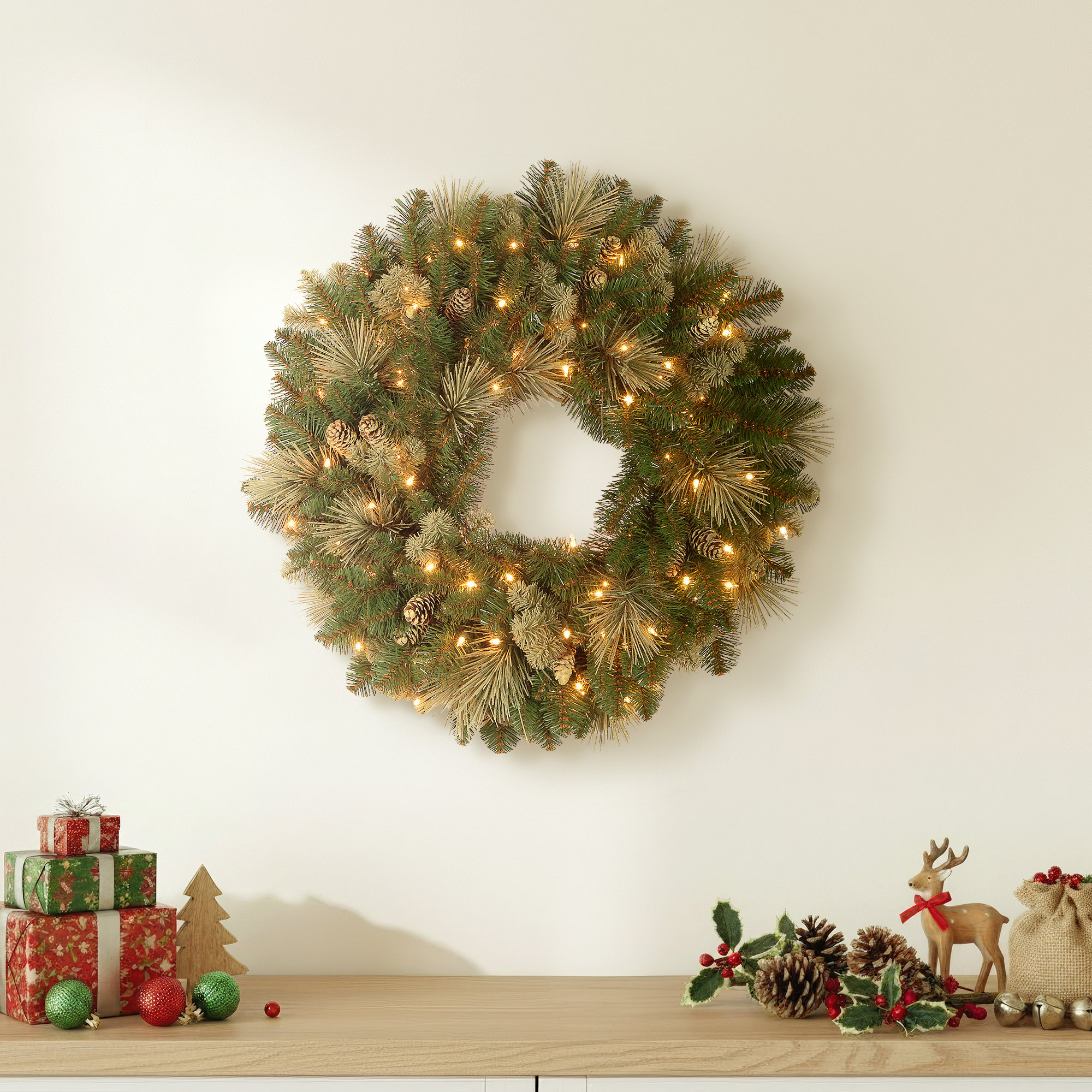 The Holiday Aisle® Carolina Pine Wreath with LED Lights, 24"
