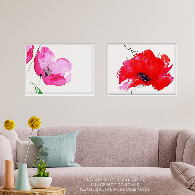 Pink Red Poppy Flowers Delicate - 2 Piece No Frame Print Set, 29.7cm H x 21cm W x 0.4cm D