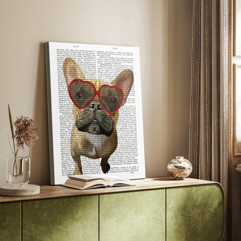 Bouledogue français et verres à cœur - galerie Cavas sur mesure, H 12 po x l 8 po