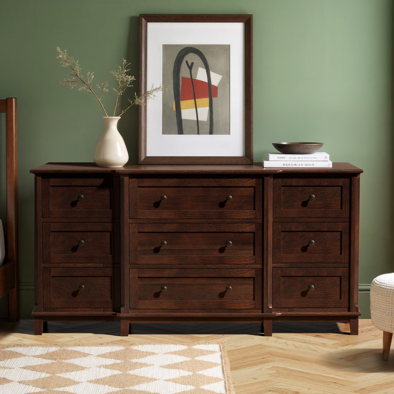 9 Drawer 63" W Solid Wood Dresser, Dark Brown