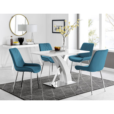 Edzard Chrome & White High Gloss Dining Table Set with 4 Luxury Velvet Dining Chairs