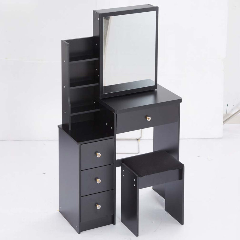 29.2" Small Space Left Bedside Cabinet Vanity Table + Cushioned Stool, Extra Large Right sliding mirror, Multi Layer High Capacity Storage, Practical Fashionable Dresser, Suitable For Small Space