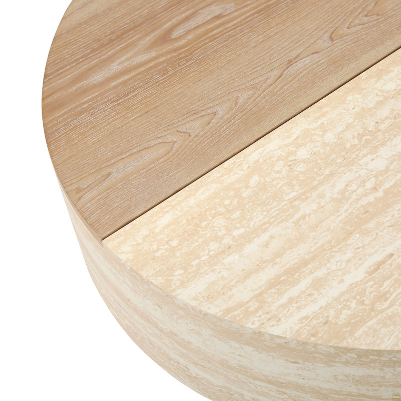 Table basse ronde avec plateau rabattable et compartiment de rangement caché