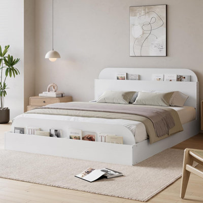 Lit plateforme en bois avec tête et pied de lit de rangement, structure à profil bas et sans sommier