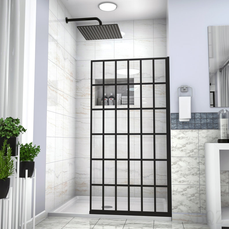 Porte de douche à panneau simple sans cadre l 38 po x H 72 po, porte de douche 5/16 po (8 mm), conception à entrée ouverte en noir mat