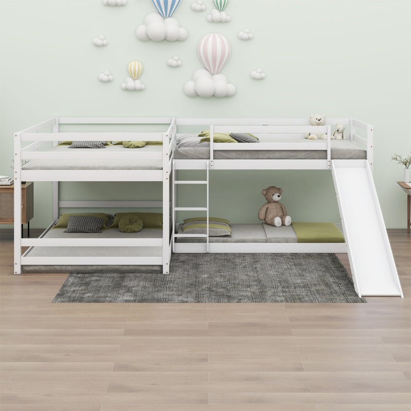Lit superposé en L pour lit double et simple avec glissière et échelle courte, Blanc