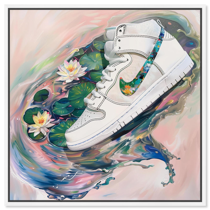 «Lilypads Sneaker Splash», art mural par Art Remedy, H 13 po x l 13 po, Cadre flottant, Blanc