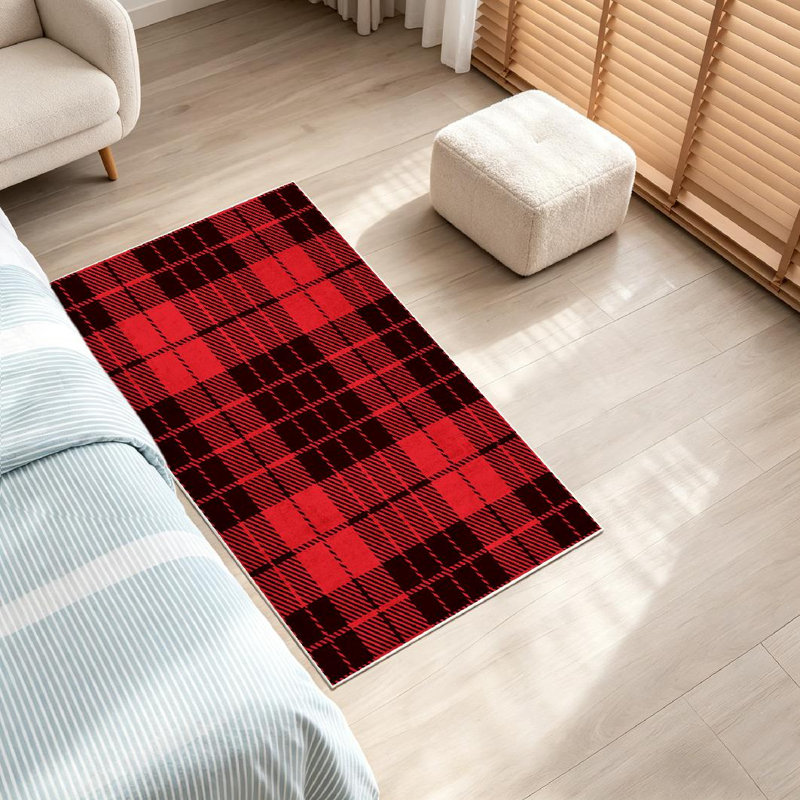 Tapis d'intérieur décoratif à carreaux tartan noir lavable à la machine, Rectangle 32 po x 47 po