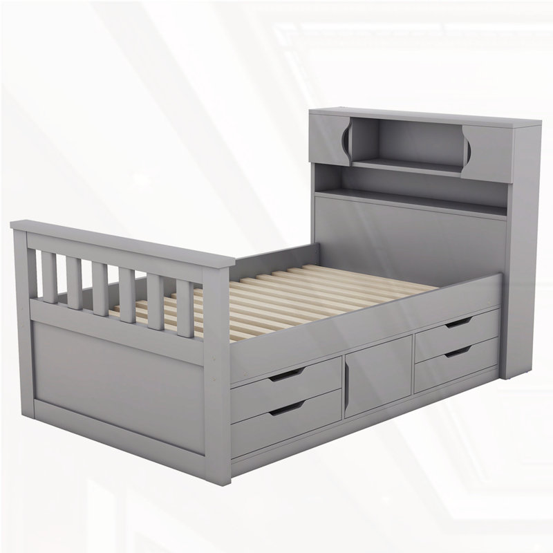 Lit plateforme en bois avec tiroirs et tables de chevet, Gris