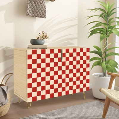 Buffet étroit de 35,4 po de largeur - Armoire de rangement d'appoint à 2 portes avec motif quadrillé crème rouge à motif géométrique classique et pieds en métal