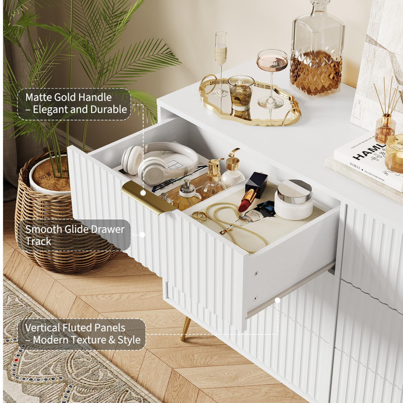 47" Wide Fluted 6 Drawer Dresser with Metal Handles, Modern Wood Storage Chest, White