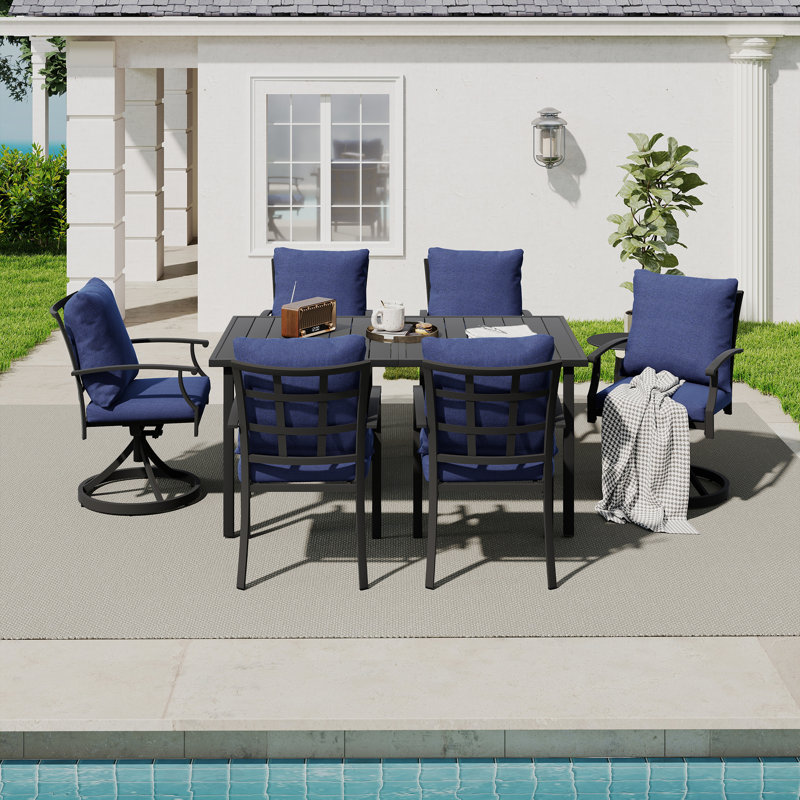 Maynard 7-Piece Black Metal Patio Dining Set With Rectangular Table, 2 Swivel Dining Chairs And Blue Cushions, Blue