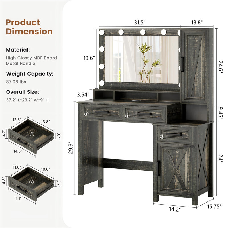 Makeup Vanity with Led Light, Brown