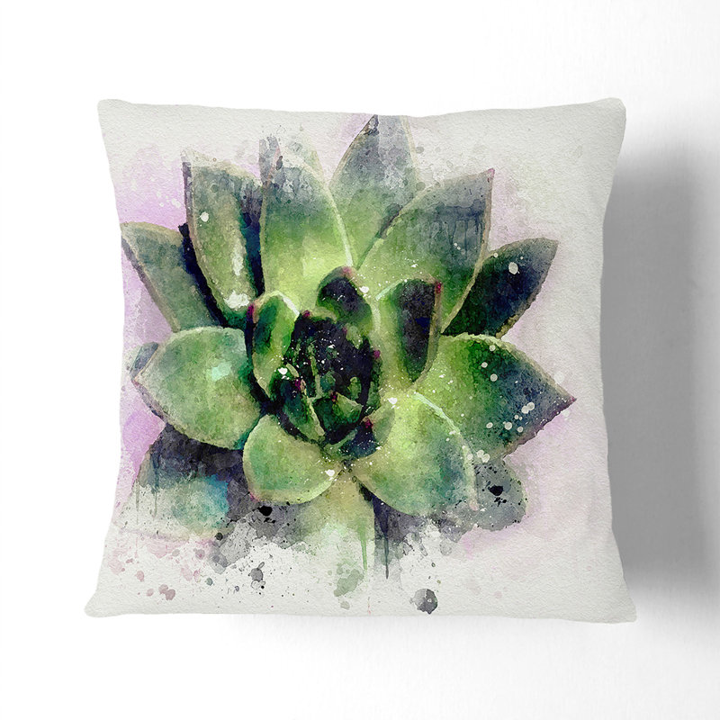 A Green Succulent Plant In Abstract Floral Square Throw Cushion, White, 55 x 55 cm