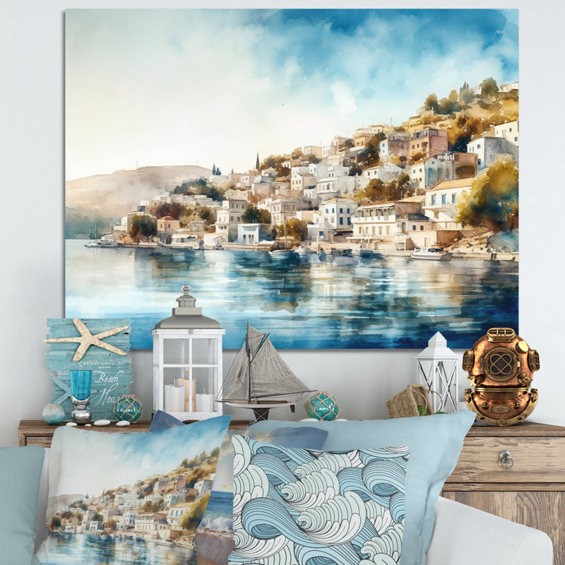 Blue Mediterranean Seaside Charm - Modern Beach Framed Prints, 34" H x 44" W x 1.5" D, Wrapped Canvas