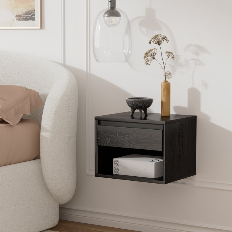 Modern Floating Nightstand With Drawer & Open Shelf, Black, Individual