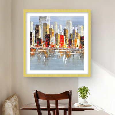 «Colorful Buildings with Water Reflection - Gray», reproduction encadrée
