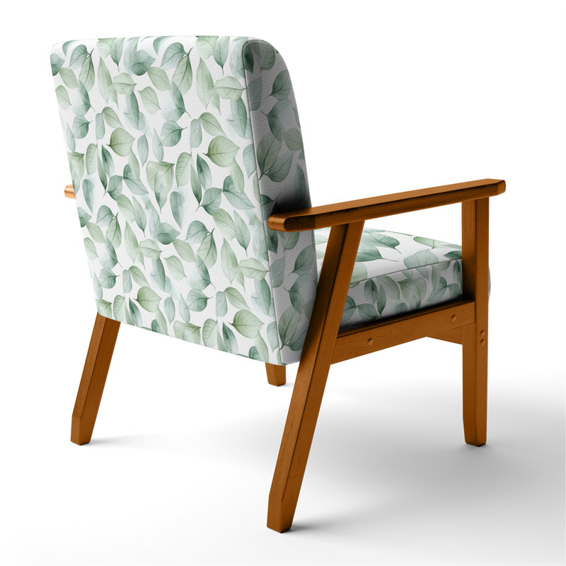 Chaise d'appoint Boho - Fauteuil vert à feuilles Zen, Accoudoirs carrés bruns