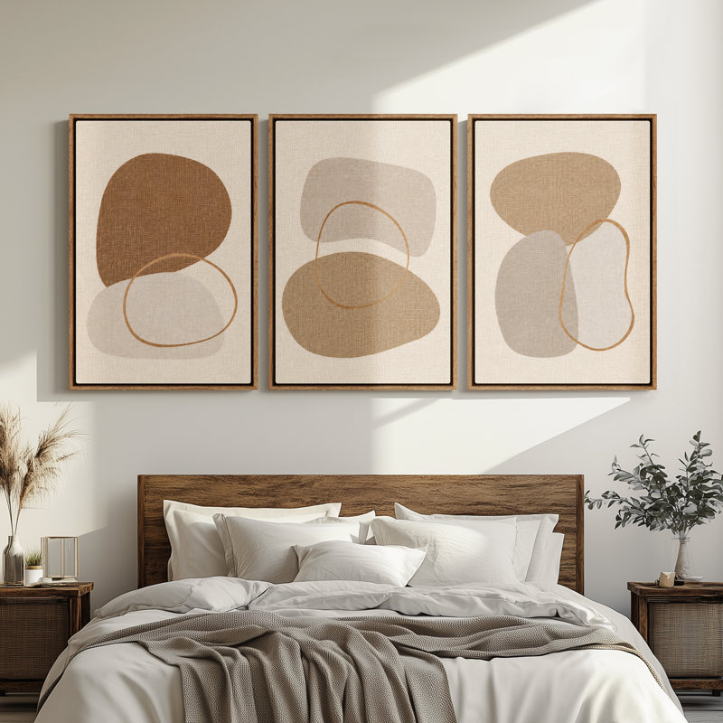 Framed Canvas Wall Art - Neutral Beige Abstract Pebble Shapes with Line Art Modern Design - 16"x24"x3pcs, 24"x36"x3pcs