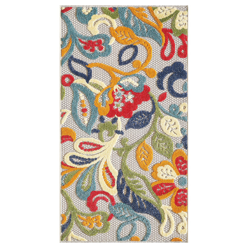 Vesselin Ivory And Blue Round Floral Stain Resistant Indoor Outdoor Area Rug, Rectangle 5' x 7'
