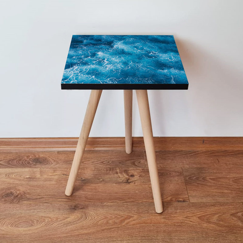 Modern Side Table with Beech Wood Legs, Abstract Marble Design, 13.8 x 16.5 x 13.8 inches | 100% MDF Construction, 0.7 inches Thick | Stylish Blue & White Color, Perfect for Living Room & Bedroom Decor