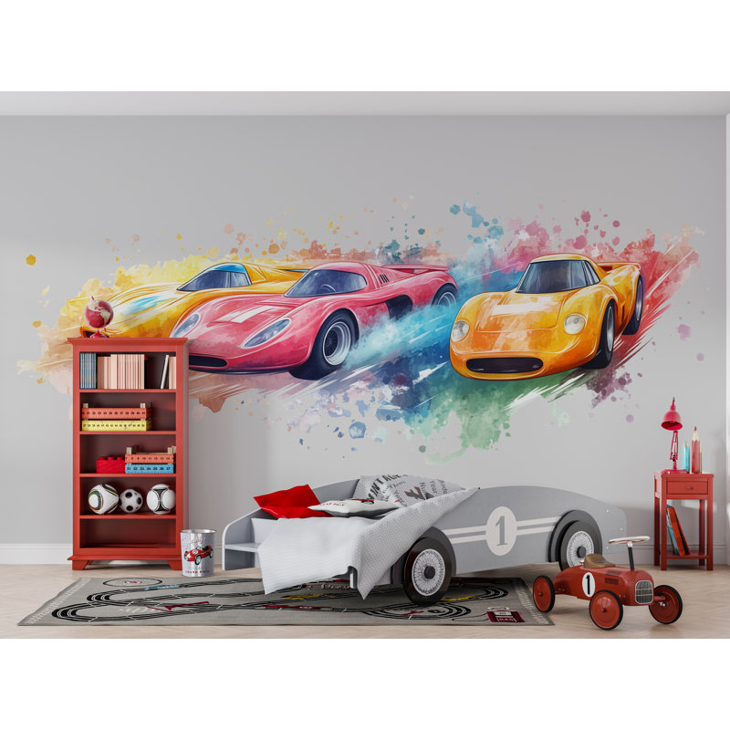 Adhésif décoratif voiture de course pour chambre d'enfant - Murale de voiture de sport colorée au-dessus du lit 059Mv