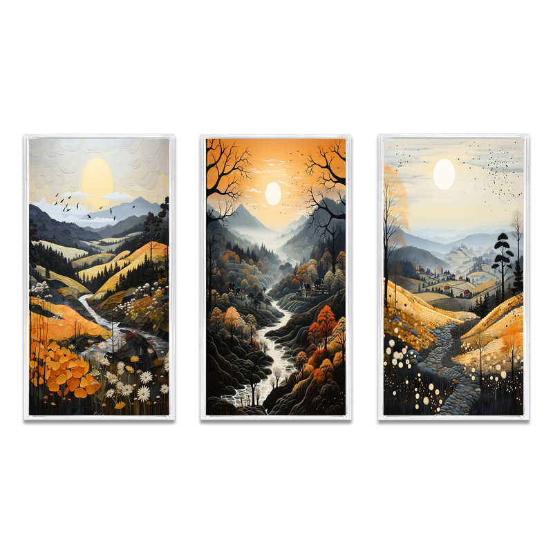 «Countryside Misty Morning Patchwork», 3 pièces sur toile, Cadre blanc, H 28 po x l 36 po