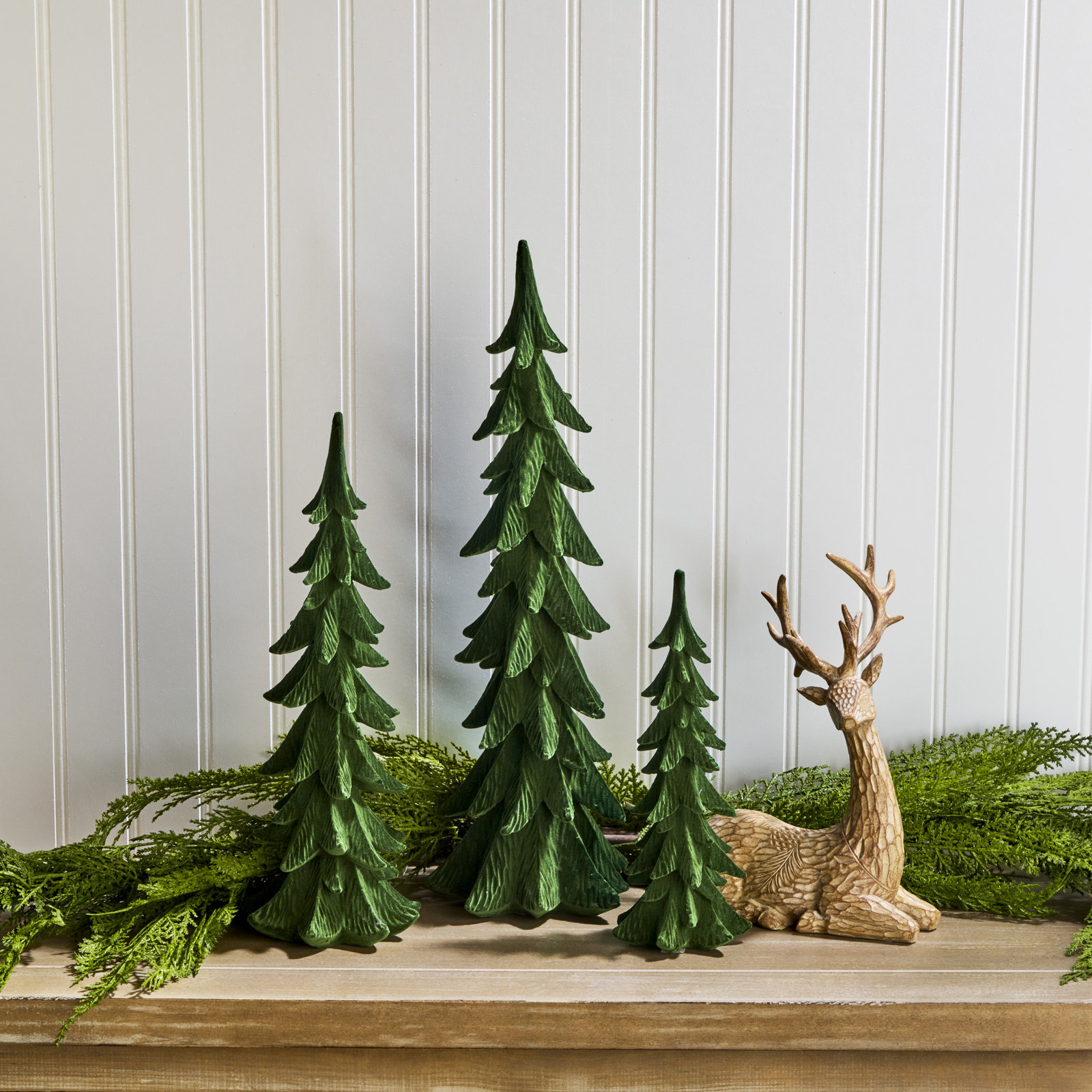 Liani 3-Piece Flocked Tabletop Tree Set, Green
